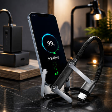 240W Foldable Stand Data Cable, Right-angle Connector, Dual-C Braided Cable