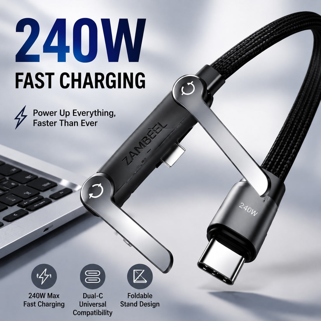 240W Foldable Stand Data Cable, Right-angle Connector, Dual-C Braided Cable